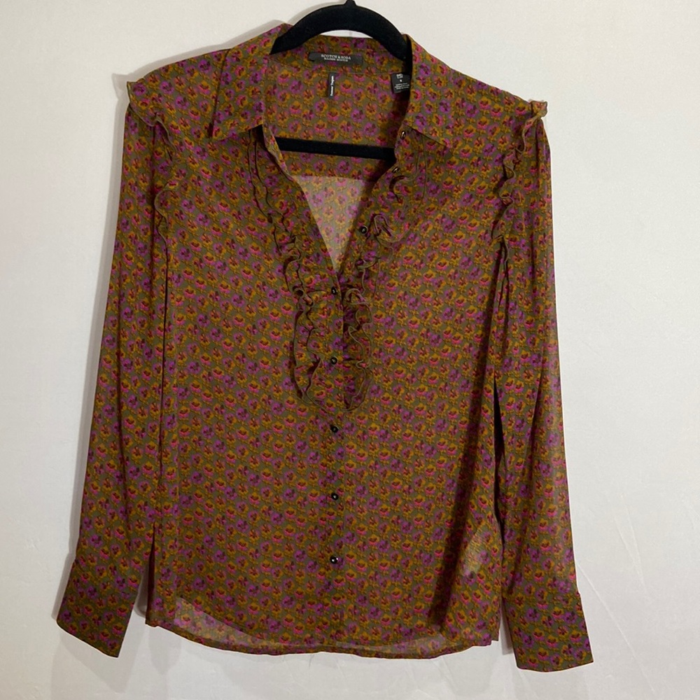 Scotch & Soda Olive Green Floral Ruffle Button-Up Blouse